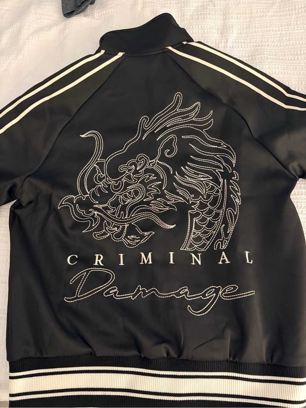 NWT Criminal Damage Black Track Bomber Jacket with White Stripe